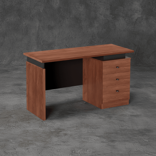 Modern wooden office desk with three storage drawers and a sleek minimalist design, placed against a textured grey background.