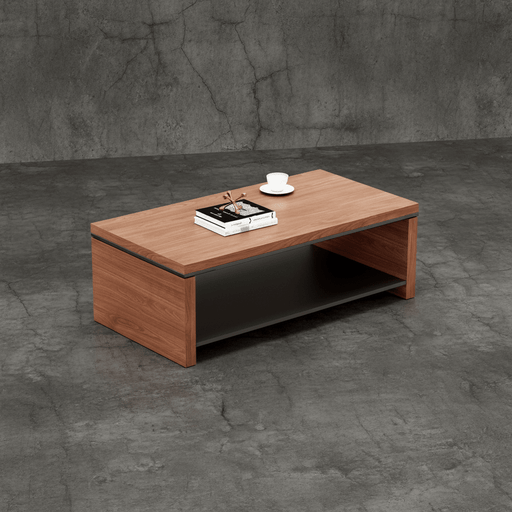 Modern rectangular wooden coffee table with open black storage shelf, styled in a contemporary industrial interior setting.