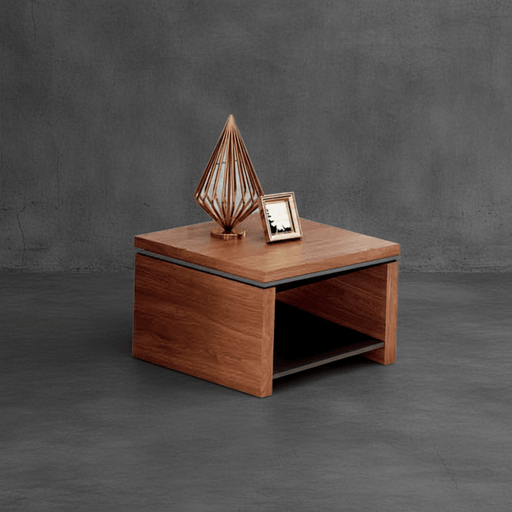 Wooden side table with decorative items on a dark gray background