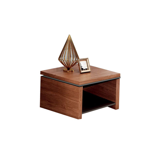 Wooden side table with decorative items on a white background