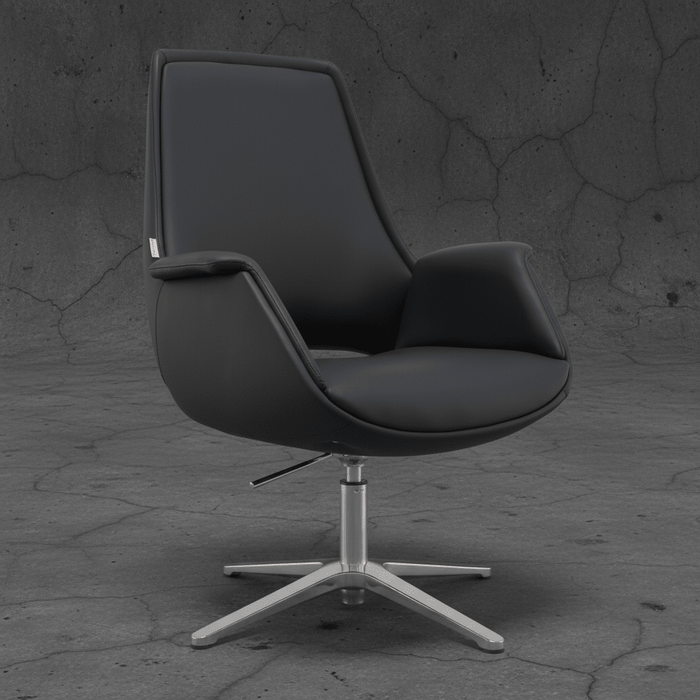 Modern black swivel chair against a textured gray wall.