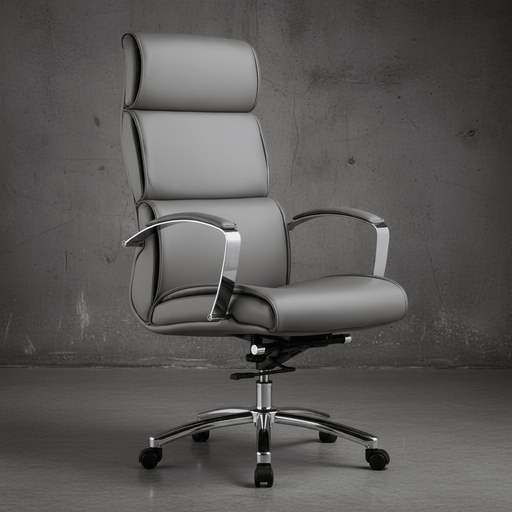 Gray office chair with high backrest and armrests on a dark gray background