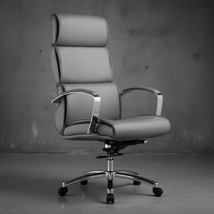 Gray office chair with high backrest and armrests on a dark gray background