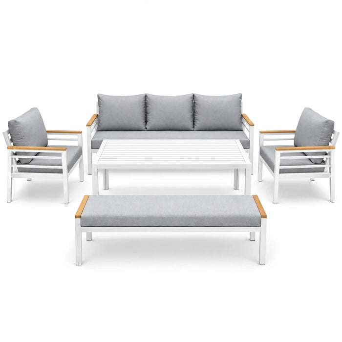 White 5-Piece Outdoor Sofa Set with Wood-Finish Armrests