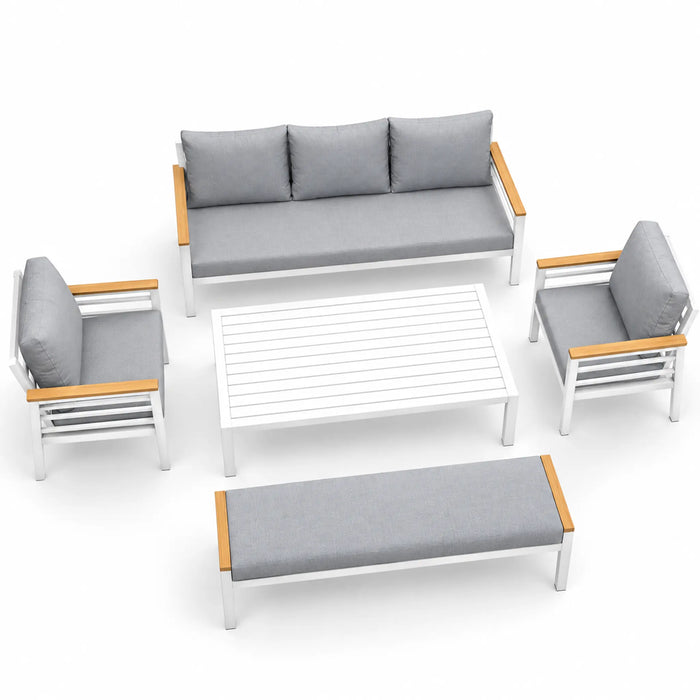 White 5-Piece Outdoor Sofa Set with Wood-Finish Armrests