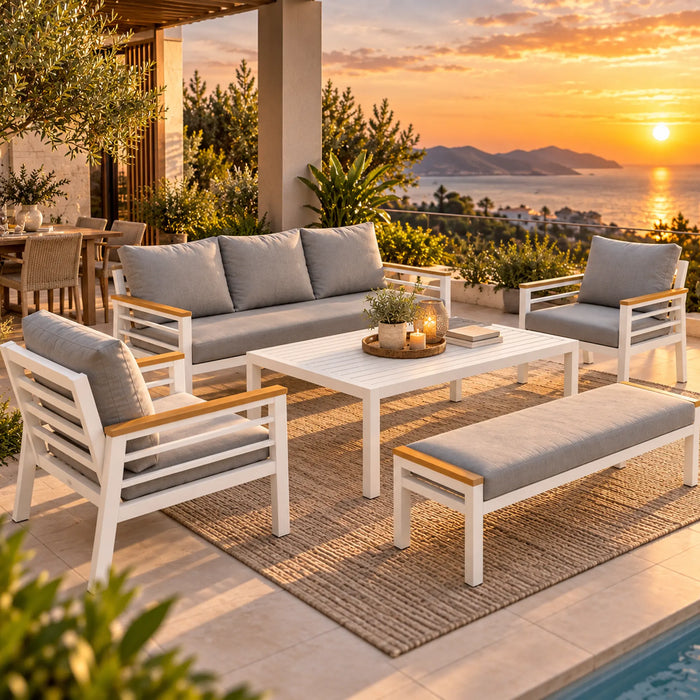 White 5-Piece Outdoor Sofa Set with Wood-Finish Armrests