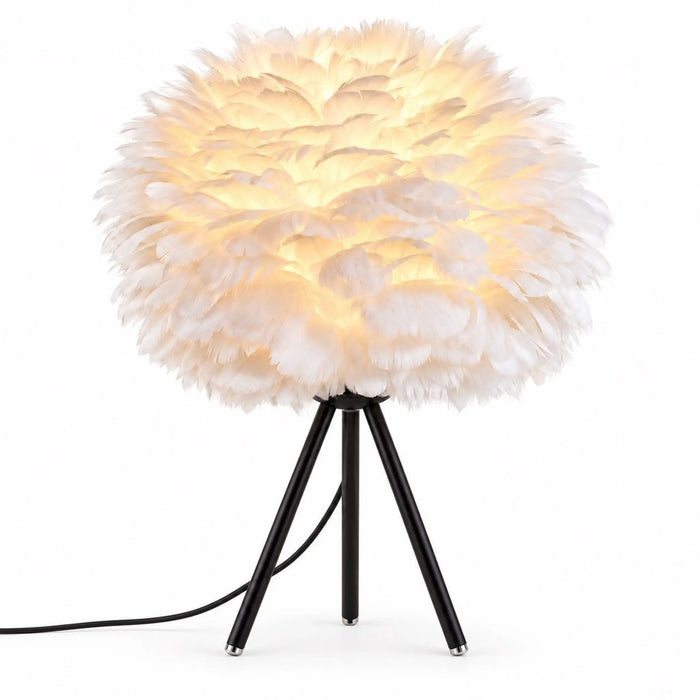 White Feather Table Lamp with Tripod Base, USB Powered Bedside Night Light, Warm Ambient Decorative Lamp for Bedroom, Living Room, Hotel, Nursery & Home Decor
