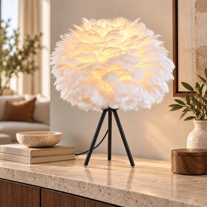 White Feather Table Lamp with Tripod Base, USB Powered Bedside Night Light, Warm Ambient Decorative Lamp for Bedroom, Living Room, Hotel, Nursery & Home Decor