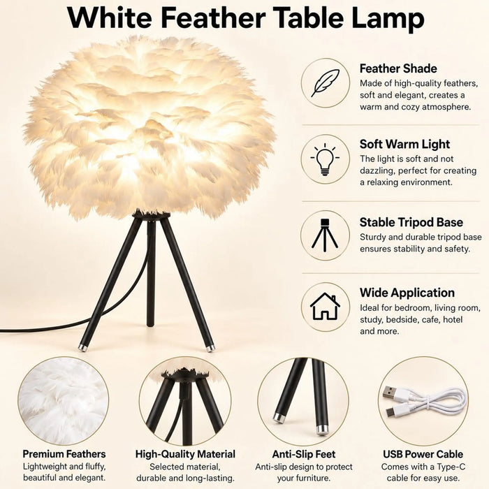 White Feather Table Lamp with Tripod Base, USB Powered Bedside Night Light, Warm Ambient Decorative Lamp for Bedroom, Living Room, Hotel, Nursery & Home Decor