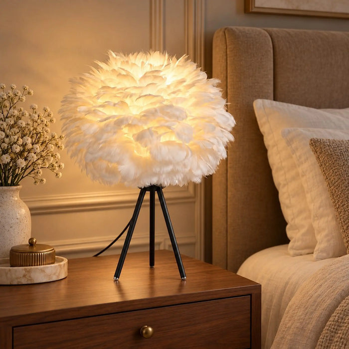 White Feather Table Lamp with Tripod Base, USB Powered Bedside Night Light, Warm Ambient Decorative Lamp for Bedroom, Living Room, Hotel, Nursery & Home Decor