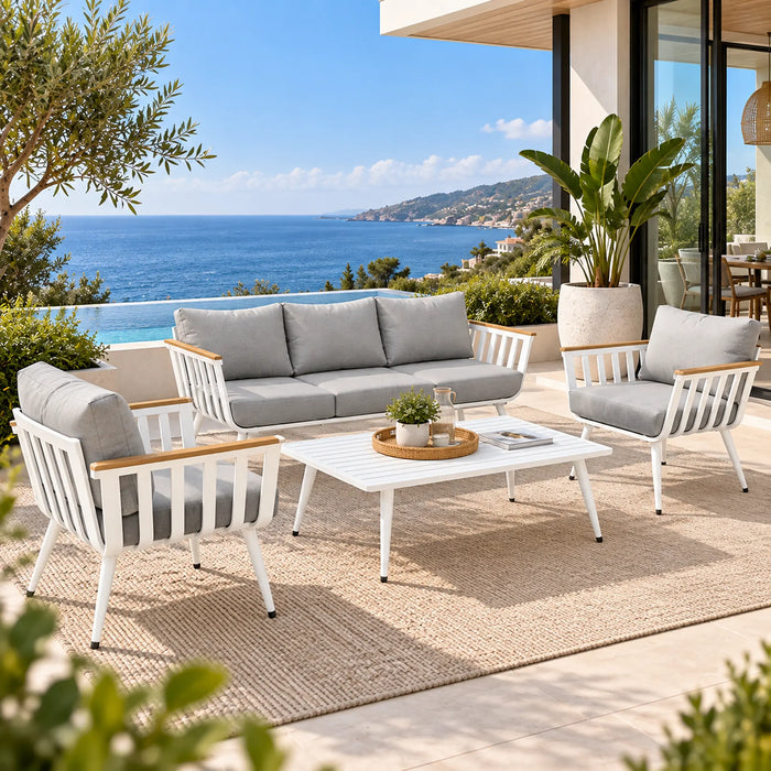White & Grey 4-Piece Outdoor 3-Seater Sofa Set