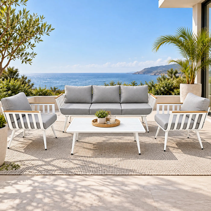 White & Grey 4-Piece Outdoor 3-Seater Sofa Set